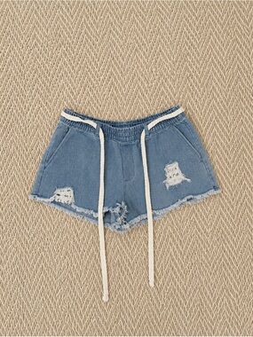 Aerie Blue Distressed Denim Drawstring Shorts with Frayed Hem